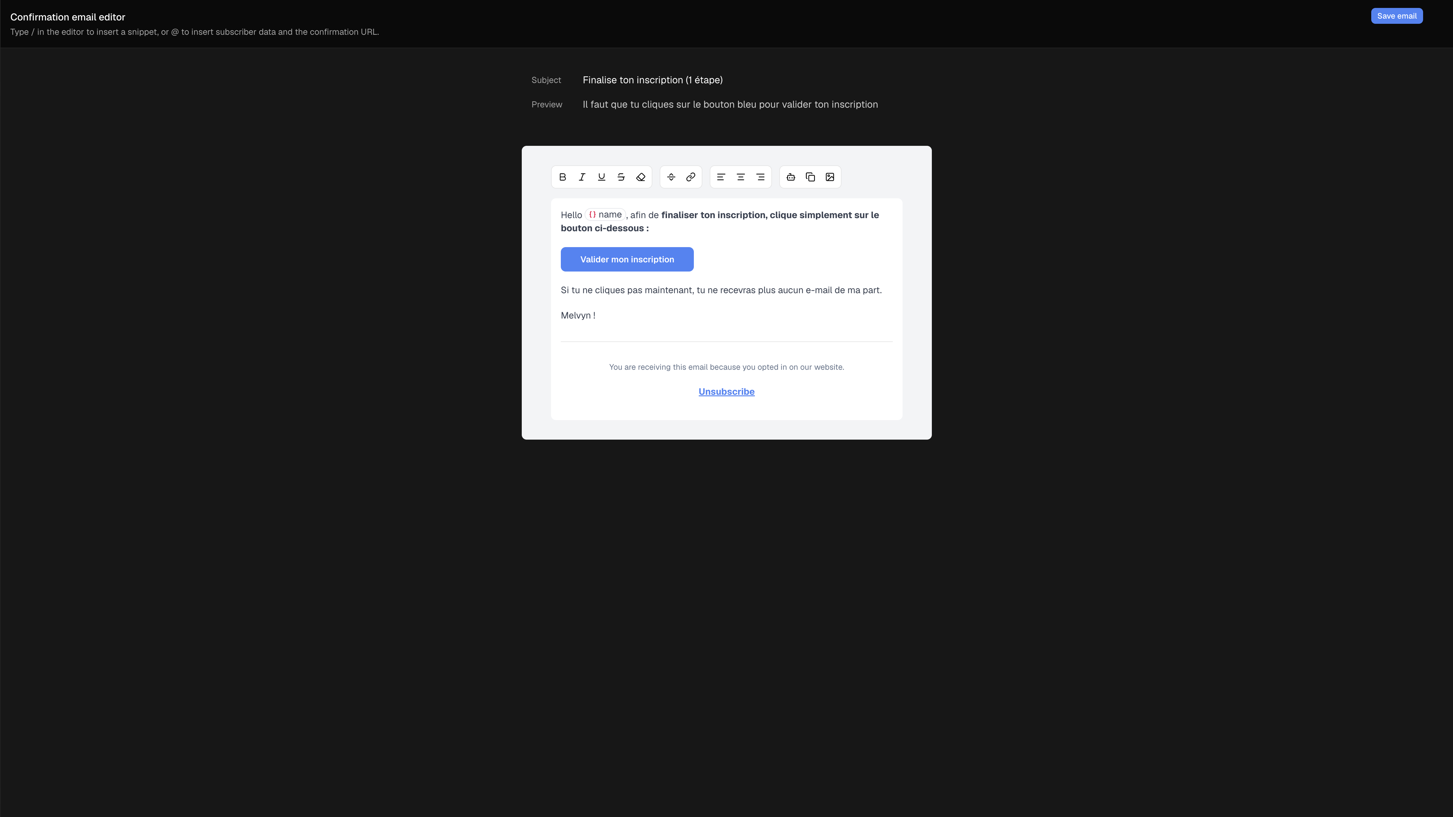 Confirmation email editor with subject, preview, and {confirmUrl} button